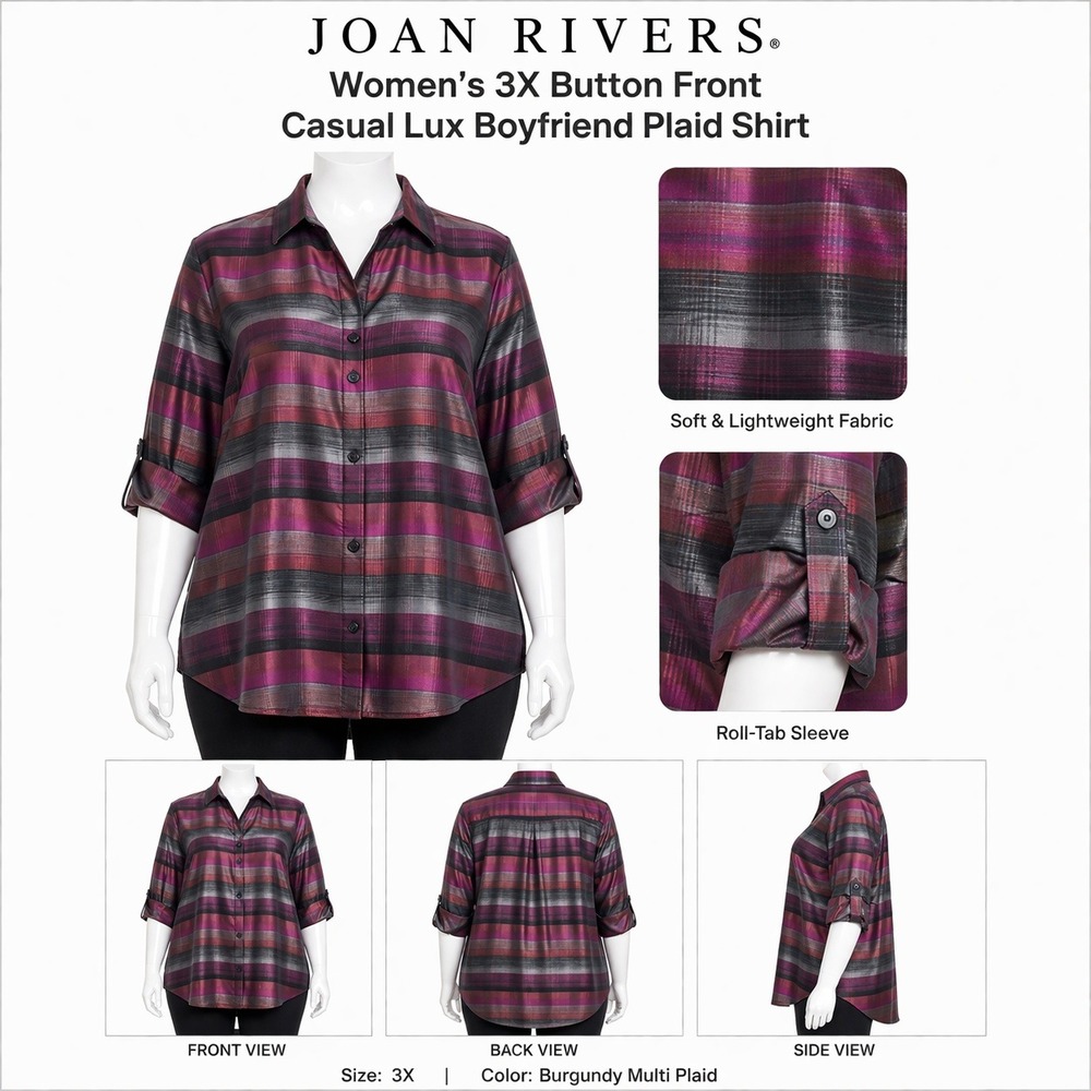 Joan Rivers Women 3X Burgundy Multi Plaid Casual Lux Boyfriend Button Down Shirt